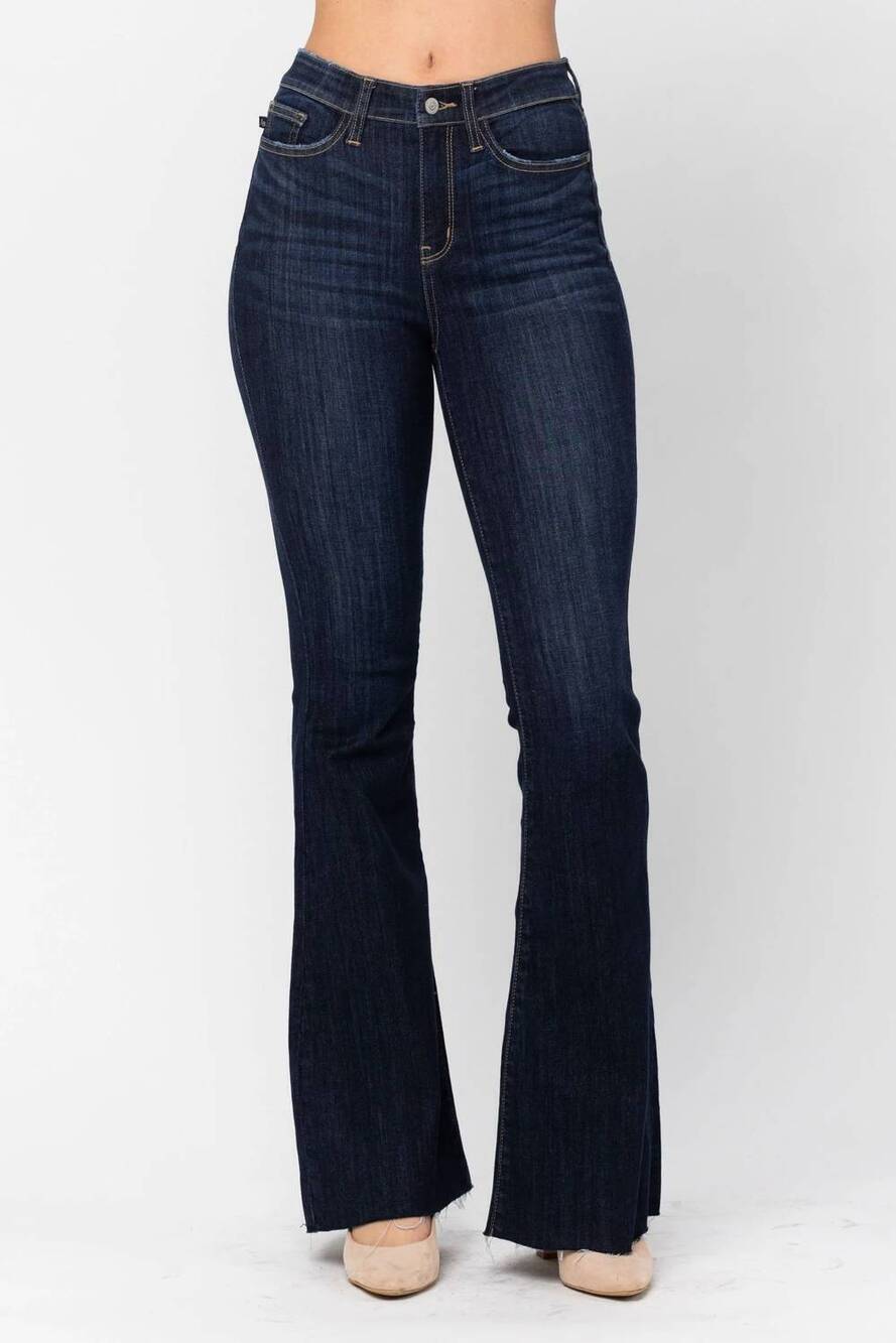 NEW JUDY BLUE high waist raw hem flare jeans in dark blue
